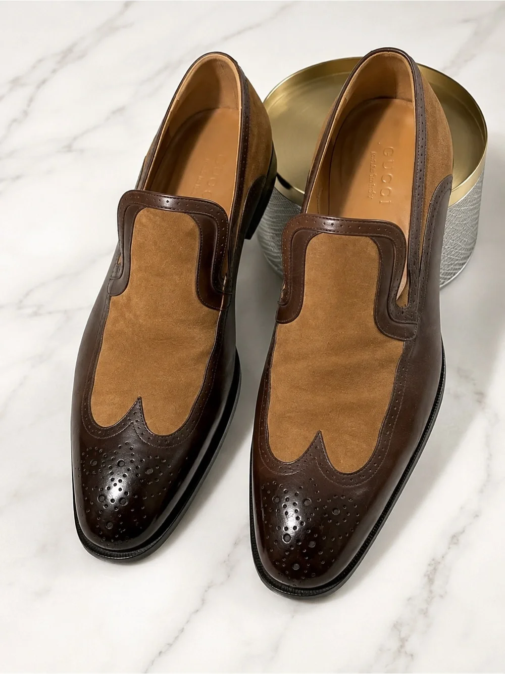 GUCCI Brown Tan Suede Leather Brogue Slip On Loafers Dress Shoes Men’s 10.5